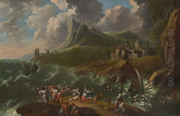 Schiffbruchige An Sturmischer Meereskuste Oil Painting by Vernet Claude Joseph