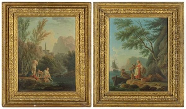 A Mountainous River Landscape With Women Bathing; And A Coastal Landscape With Fishermen Unloading Their Catch (2) Oil Painting by Vernet Claude Joseph