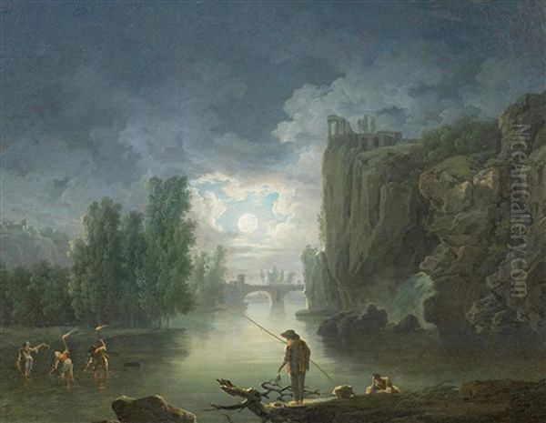 Flusslandschaft Mit Nachtlichen Fischern Oil Painting by Vernet Claude Joseph