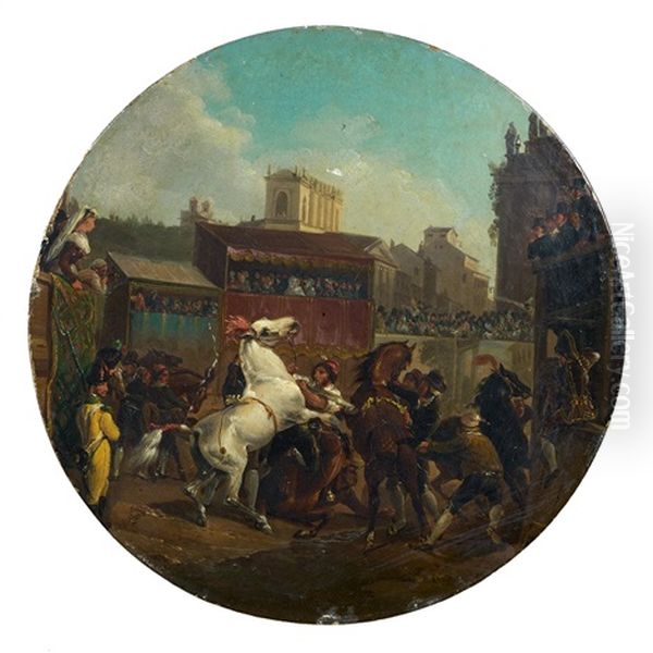 Le Depart De La Course Des Chevaux Libres A Rome Oil Painting by Horace Vernet