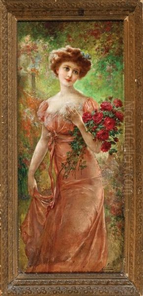 Young Beauty With A Bouquet Of Roses Oil Painting by Emile Vernon
