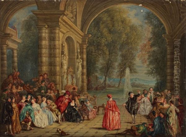Assemblee De Personnages Dans Un Parc Et Quadrille En Plein Air (pair) (after Watteau) Oil Painting by Henriette Veron