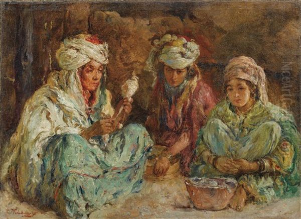 Femmes Preparant Le Repas Dans Un Interieur En Algerie Oil Painting by Edouard Verschaffelt