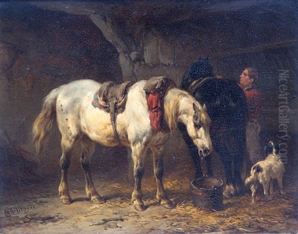Tending To The Horses In The Stable Oil Painting by Wouter Verschuur