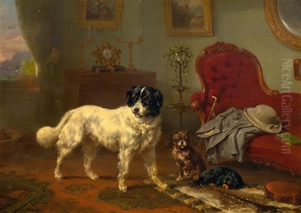 Interior With Three Dogs Oil Painting by Wouter Verschuur