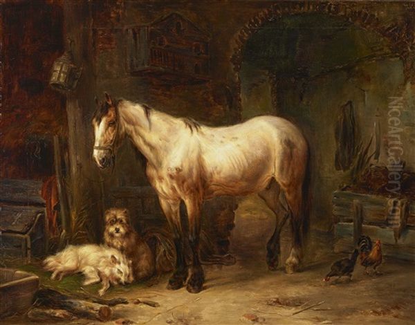 Schimmel Mit Hunden Und Huhnern Im Stall Oil Painting by Wouter Verschuur
