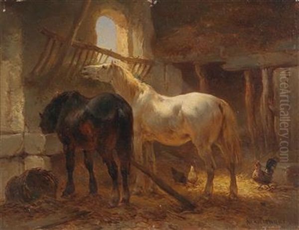 Two Horses And Chickens In A Stable Oil Painting by Wouter Verschuur