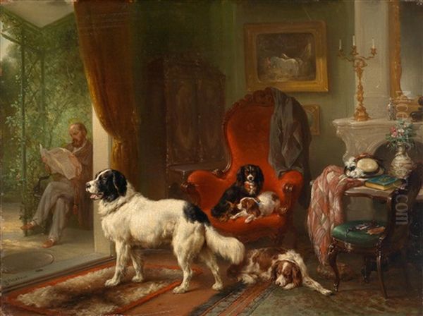 Interior With Dogs,  View Of A Pergola Oil Painting by Wouter Verschuur
