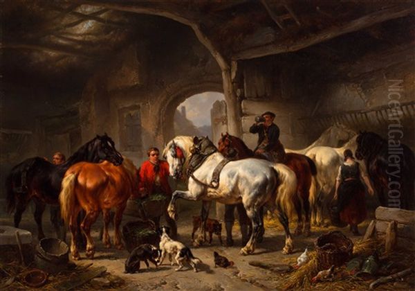 The Grooming Of The Horses Oil Painting by Wouter Verschuur