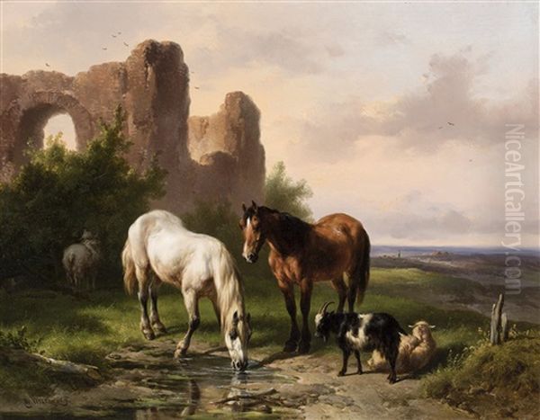 Watering Horses Near A Ruin Oil Painting by Wouter Verschuur
