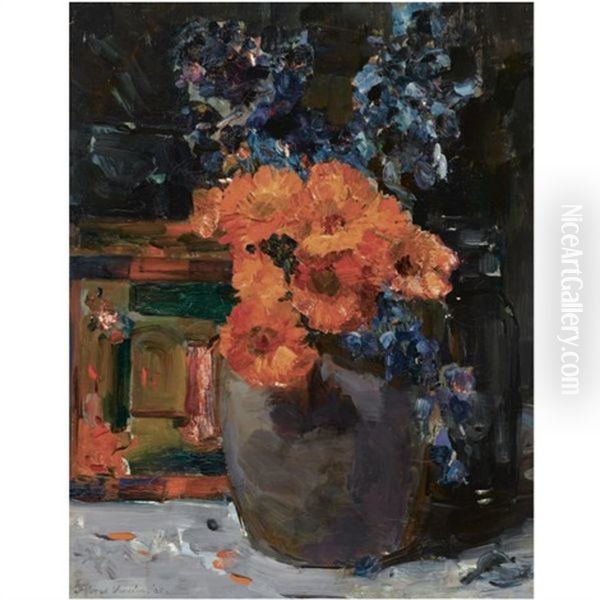A Still Life With Marigold And Delphinium In A Bowl Oil Painting by Floris Verster