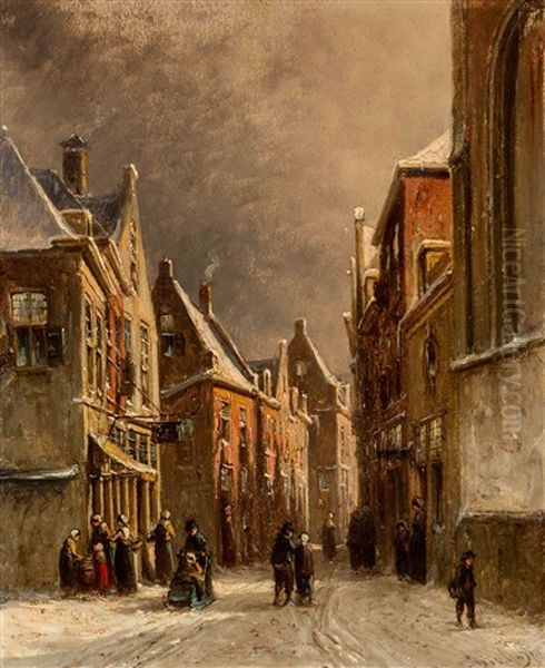 Activity In A Street In Wintertime Oil Painting by Pieter Gerard Vertin