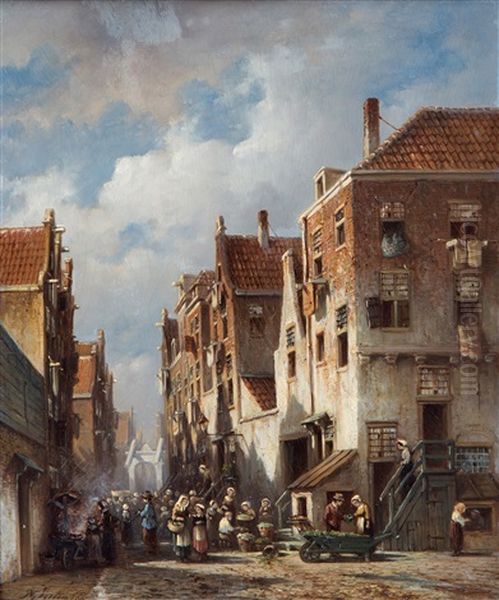 A Busy Day In A Dutch Village Oil Painting by Pieter Gerard Vertin