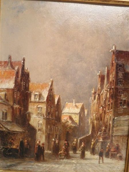 Figuren In Een Besneeuwde Straat Met Huizen Oil Painting by Pieter Gerard Vertin