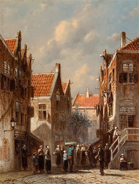 Activity In A Street On A Sunny Day Oil Painting by Pieter Gerard Vertin