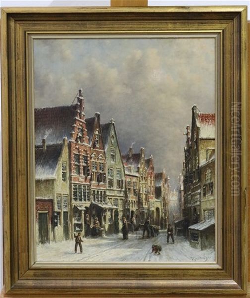 Winterse Straat Met Sneeuwballen Gooiende Jongens Oil Painting by Pieter Gerard Vertin