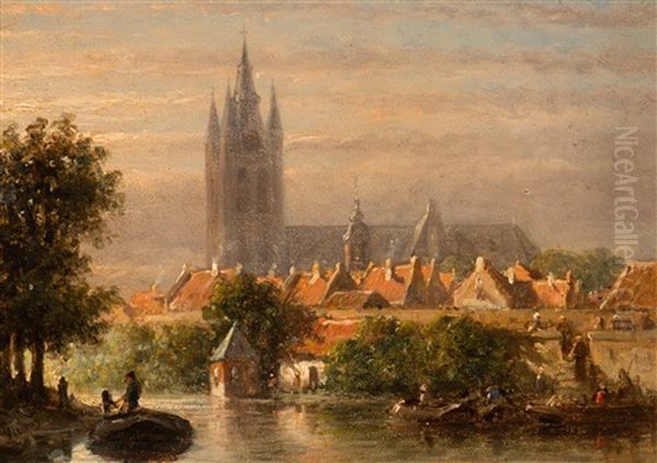 View Of Delft With The Oude Kerk In The Background Oil Painting by Pieter Gerard Vertin