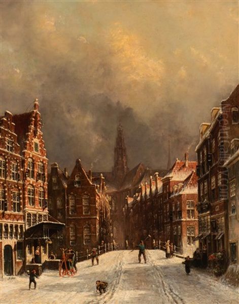 Throwing Snowballs On A Wintery Day In Haarlem Oil Painting by Pieter Gerard Vertin