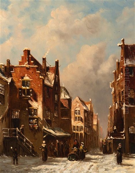 Winter In The Jewish Quarter, Amsterdam Oil Painting by Pieter Gerard Vertin