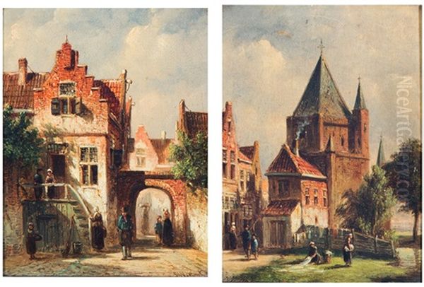A Bleach Field In A Dutch Town; 
A Sunny Day In Town (2 Works) Oil Painting by Pieter Gerard Vertin