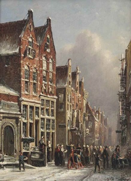 A Bustling Streetscene In Winter Oil Painting by Pieter Gerard Vertin