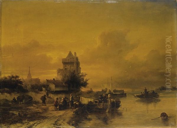 Scene Animee Au Bord D'un Fleuve En Hollande Oil Painting by Salomon Leonardus Verveer