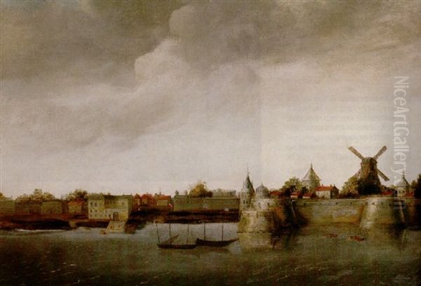 A View Of A Dutch Fortified Town Across A River Oil Painting by Abraham de Verwer