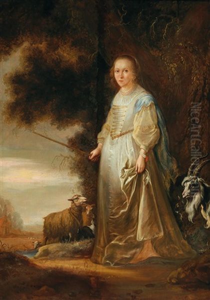 A Young Woman In Arcadian Costume With Goats And Sheep Oil Painting by Francois Verwilt