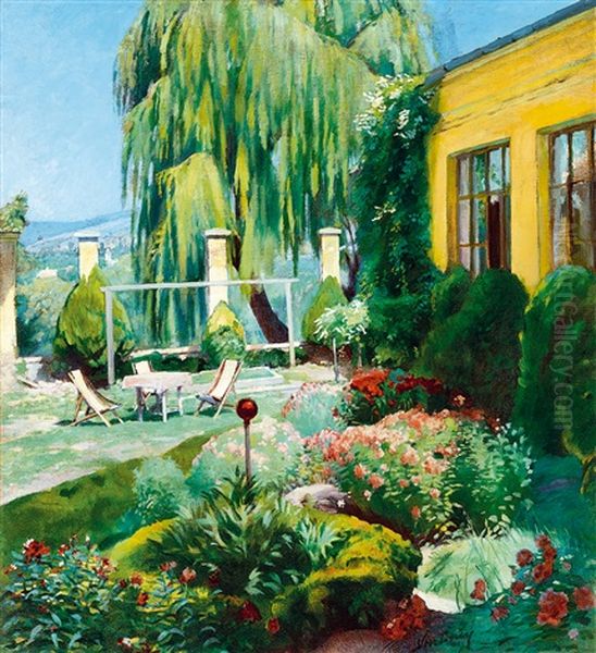 Summer In The Villa Garden Oil Painting by Mano (Emanuel) Vesztroczy