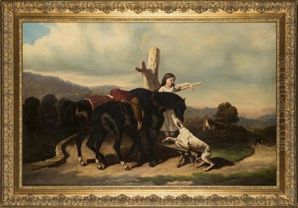 Deux Pur-sangs Dans Un Paysage Avec Levrier Et Patre Oil Painting by Jules Jacques Veyrassat