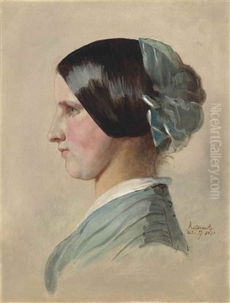 Head Of A Maid, In Profile To The Left, In A Blue Dress, With Ribbons In Her Hair Oil Painting by H.M. Queen The Victoria