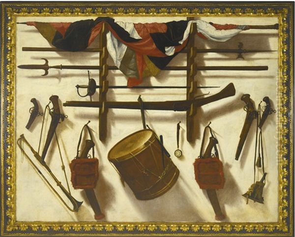 Trompe L'oeil Of A Gun Rack With A Flag, A Sword, Two Pikes, Two Muskets, A Watch, A Drum, A Trumpet And Other Objects, All Hanging Against A White Wall Oil Painting by Vicente Victoria or Vitoria