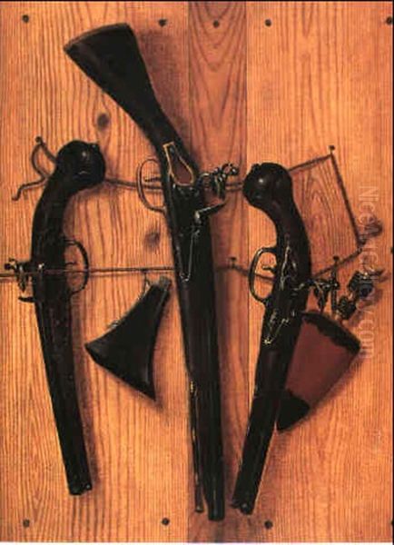 Trompe L' Oeil Med Et Par Ripoll Pistoler Med Miquelet Lase (ca. 1690), En Spansk Karbin, Krudtbehorn Og Jagtkniv Oil Painting by Vicente Victoria or Vitoria