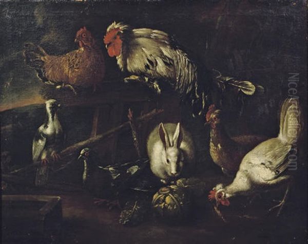 A Rooster, Chickens, Pigeons And A Hare Outside A Stable In A Landscape Oil Painting by Giacomo (Jacobus) Victors