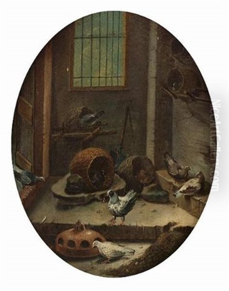 The Interior Of A Dovecote (+ A Cockerel And Hens In A Coop; Pair) Oil Painting by Giacomo (Jacobus) Victors