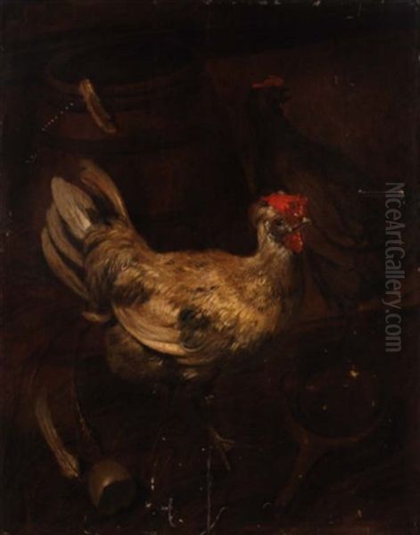 A Still Life With Chickens And A Barrel Oil Painting by Giacomo (Jacobus) Victors