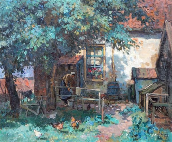Chickens In A Sunny Farmyard Oil Painting by Bernard, Ben Viegers