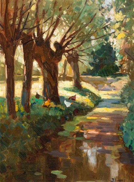 Chickens Pottering About By The Pollard Willows Oil Painting by Bernard, Ben Viegers