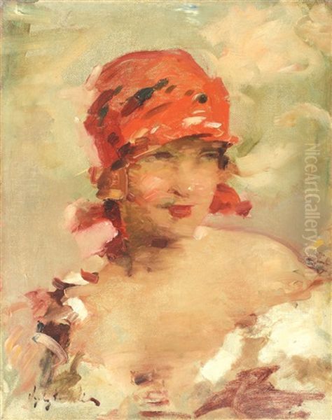 The Red Head Dress Oil Painting by Bertalan (Bartholomaus) Vigh