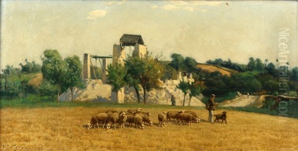 A Shepherd With His Flock In A Summer Landscape Oil Painting by Victor-Alfred-Paul Vignon