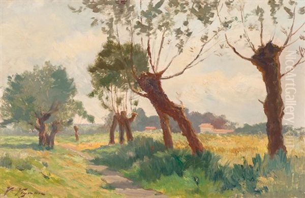 Pollarded Trees In A Summer Landscape Oil Painting by Victor-Alfred-Paul Vignon