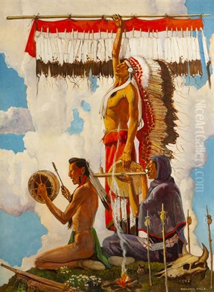 Indian Chieftain Holding Feathered Staff Oil Painting by Hernando Gonzallo Villa