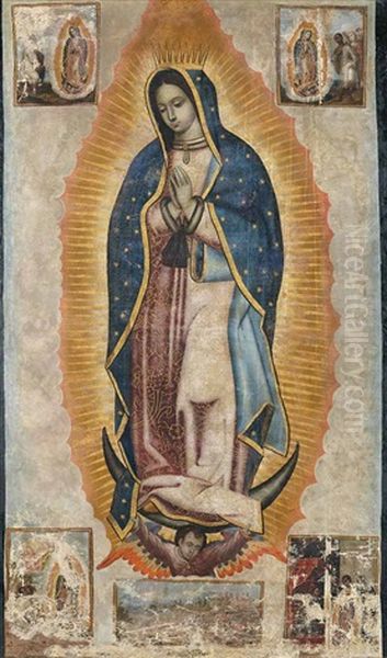 Virgen De Guadalupe Con Escenas De Sus Apariciones Al Indio Juan Diego Y La Ciudad De Mexico Con La Basilica Guadalupe En El Cerro De Tepeyac Oil Painting by Cristobal de Villalpando