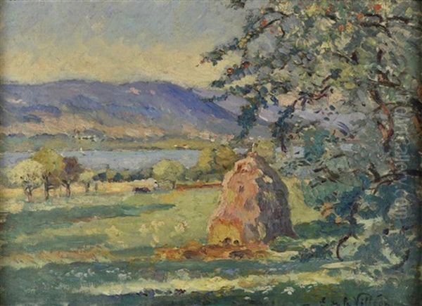 La Meule Dans Un Paysage En Bord De Lac Oil Painting by Emmanuel Victor Auguste Marie De La Villeon