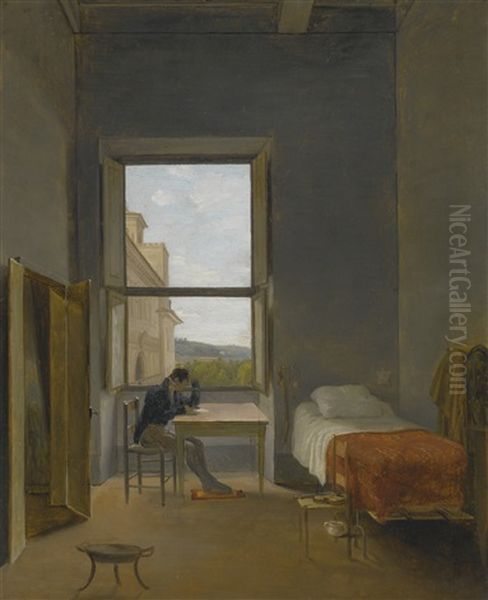 The Artist In His Room In The Villa Medici, Rome Oil Painting by Auguste Jean Bapt. Vinchon
