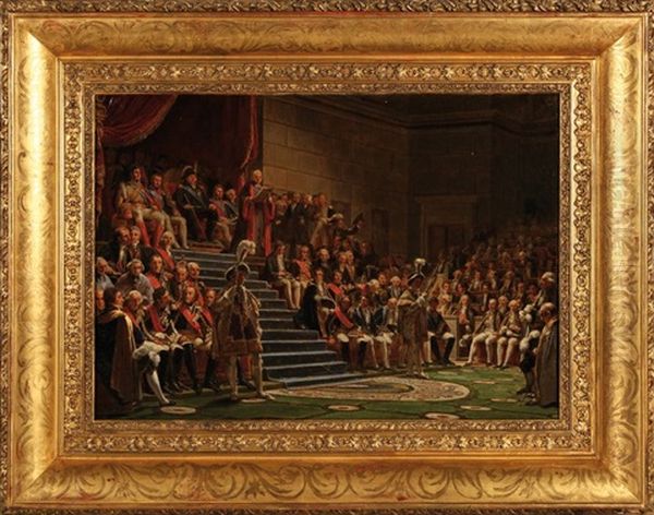 Le Roi Louis Xviii, Presidant L'ouverture De La Session Des Chambres, Le 4 Juin, En Presence Du Duc D'orleans (futur Roi Louis-philippe), Du Duc D'angouleme, Du Duc De Berry, Du Prince De Talleyrand, Des Membres De La Famille Royale, Des Notables Et Pairs Oil Painting by Auguste Jean Bapt. Vinchon