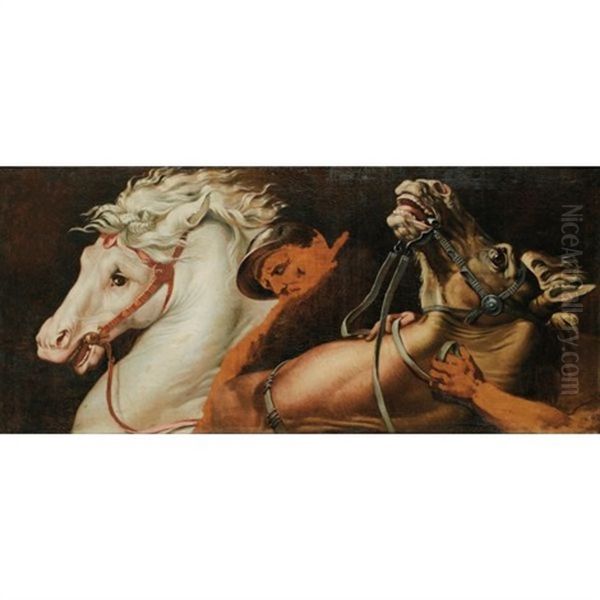 Chevaux Effrayes, Detail De La Bataille De Constantin (after Raphael) Oil Painting by Auguste Jean Bapt. Vinchon