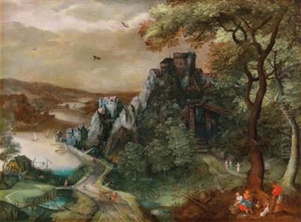 An Extensive Mountainous River Landscape With A Castle On A Hill Oil Painting by David Vinckboons I