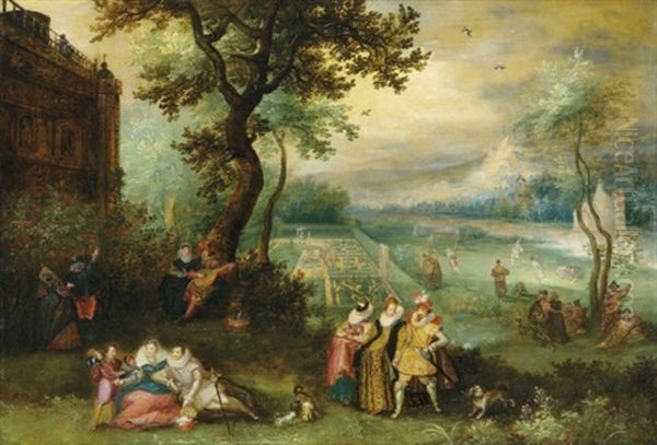 Elegant Company Making Merry In An Ornamental Garden By A Country House - An Allegory Of The Five Senses Oil Painting by David Vinckboons I
