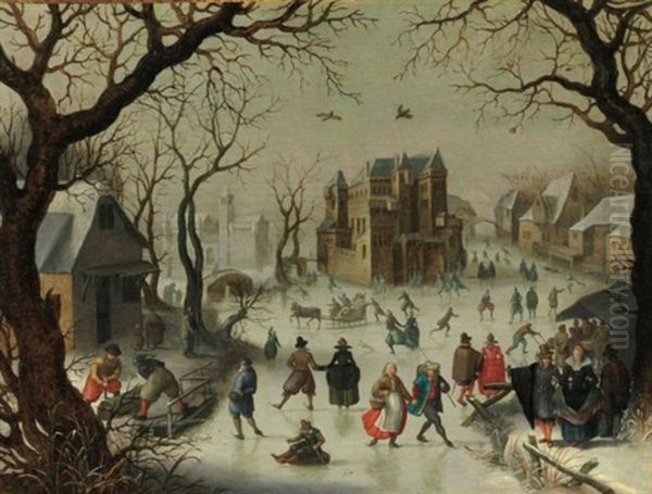 A Winter Landscape With A Horse-drawn Sledge And Figures Skating And Sledding Oil Painting by David Vinckboons I